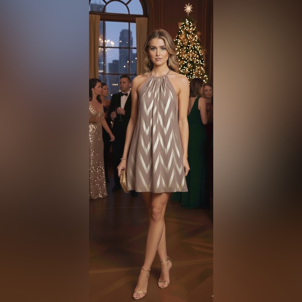 Alice & Trixie silk taupe & gold holiday sparkle A line halter dress worn once